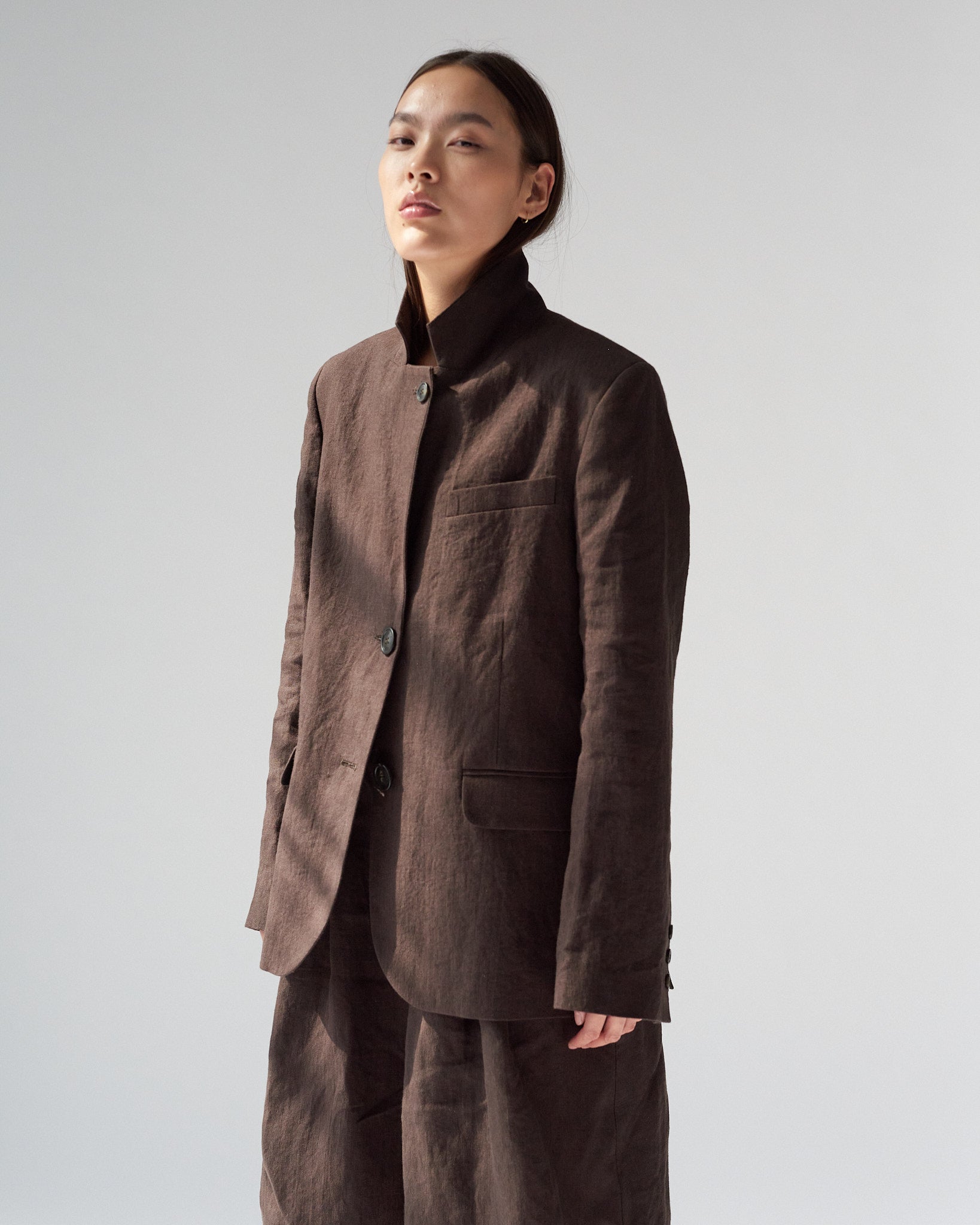 Linen Straight Blazer, Dark Brown